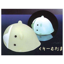 Load image into Gallery viewer, Check out the new box and find the Japanese version of the gashapon Yell. The pedestal comes with a cute ghost and will-o&#39;-the-wisp toy. Hitodama Chan Lamp, white and yellow with glowing lights.
